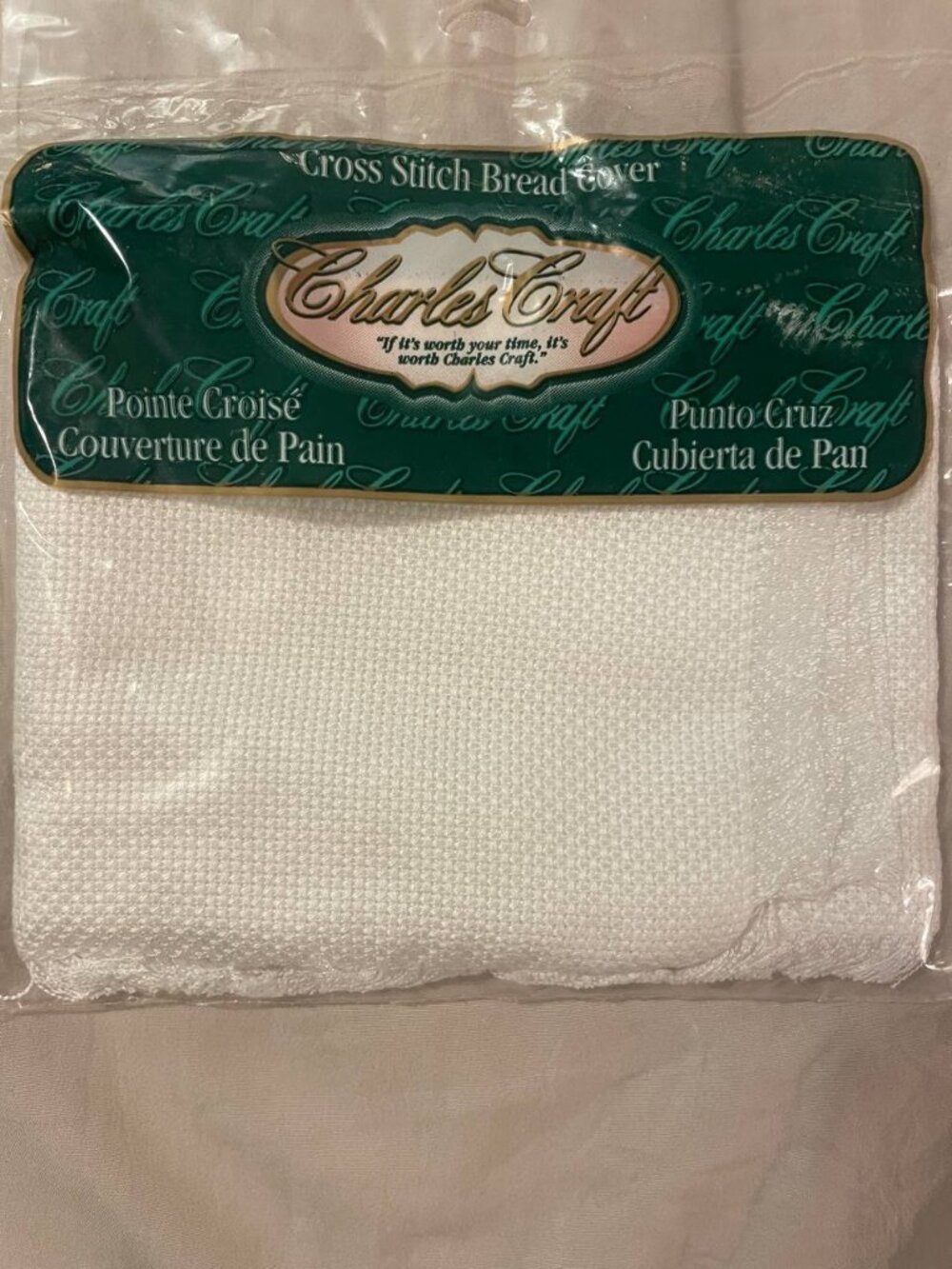 NWT Charles Craft 14 Count White Cross Stitch Bread Cover - Craft Your Own